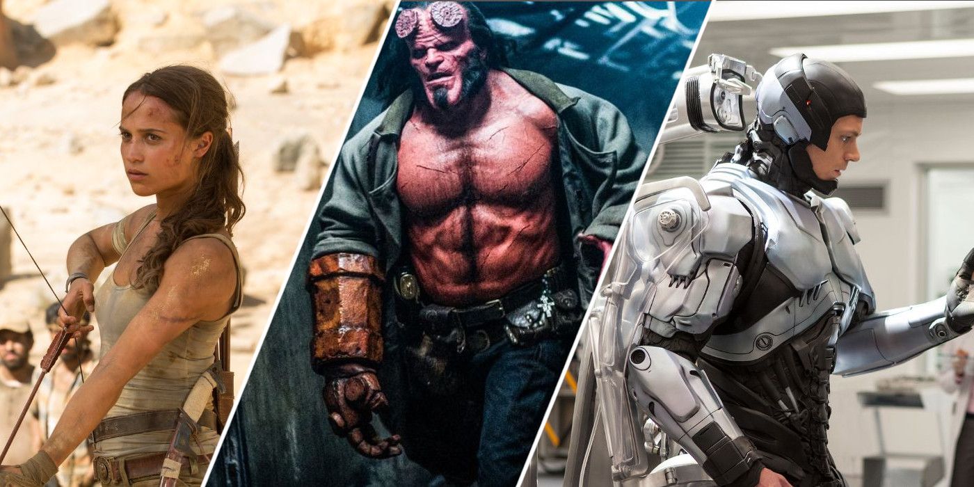 Stills from Tomb Raider, Hellboy, and Robocop