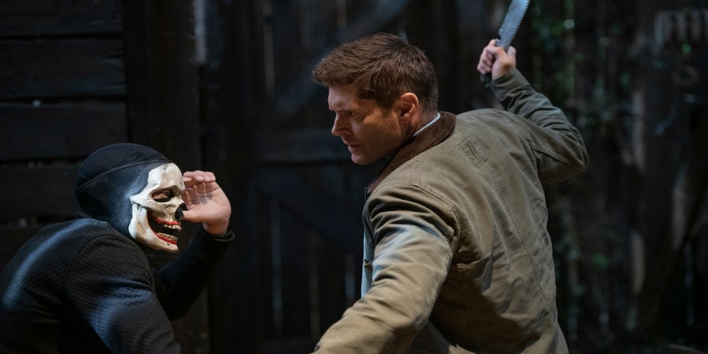 Jensen Ackles as Dean Winchester, battling a masked vampire in the Supernatural series finale