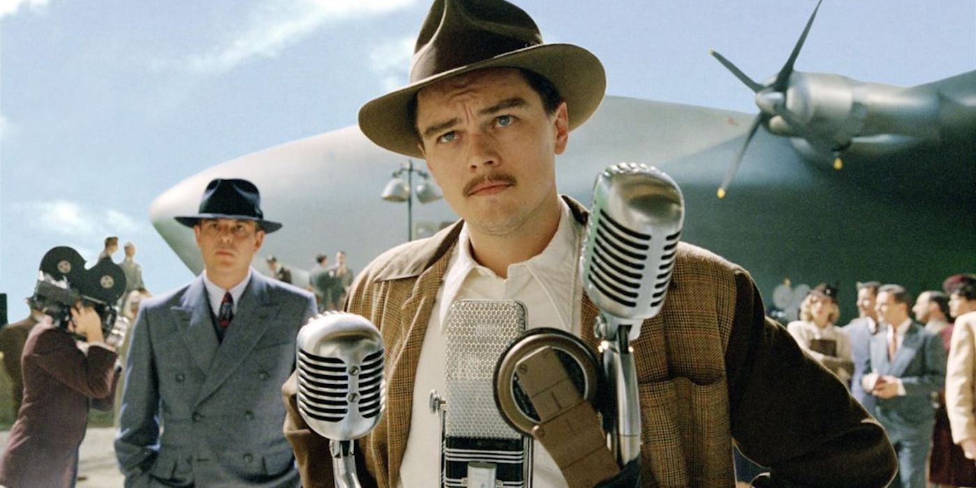 Leonardo DiCaprio as Howard Hughes giving a press conference in The Aviator