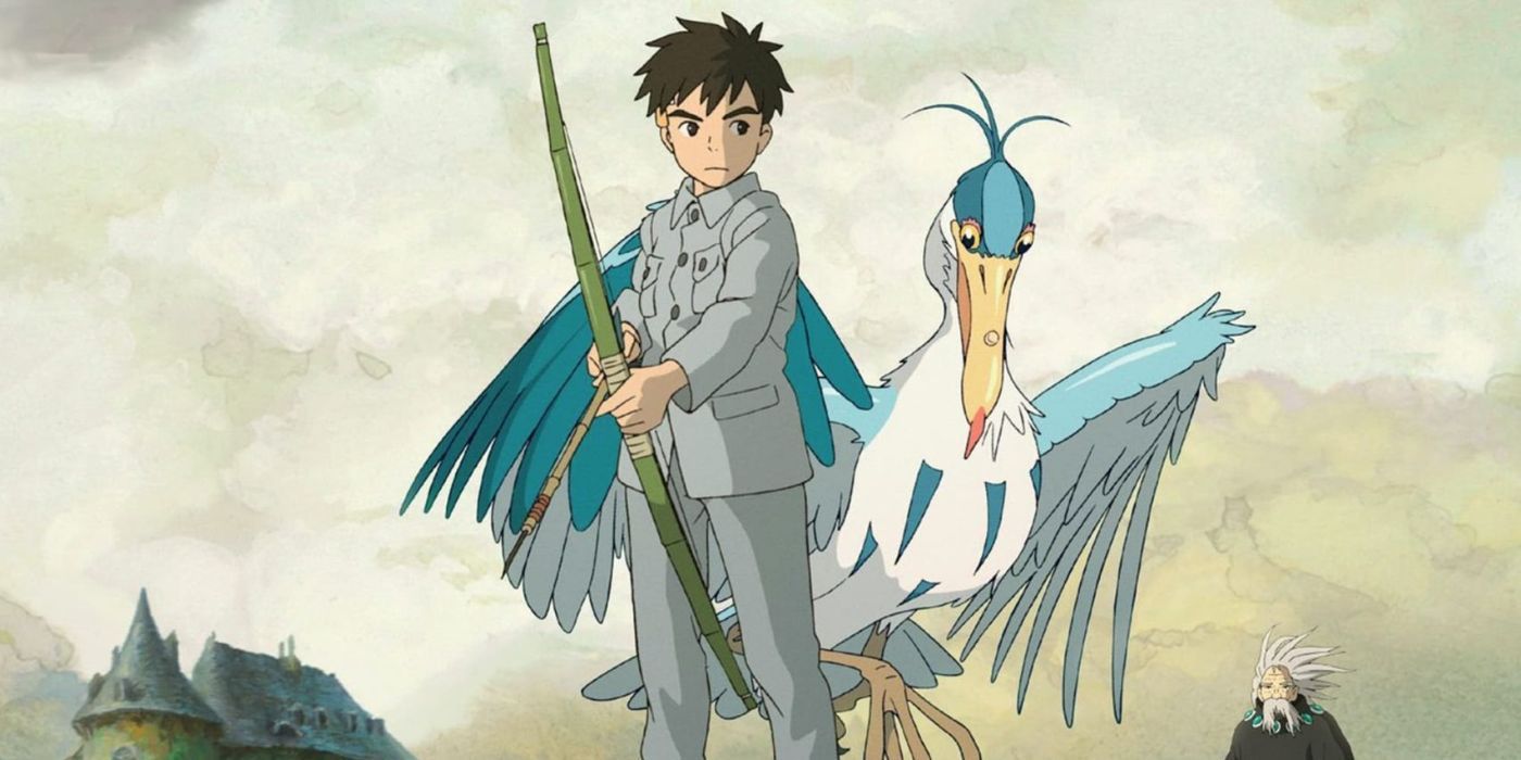 Mahito holds a bow and arrow while The Heron stands besides him in The Boy and the Heron.