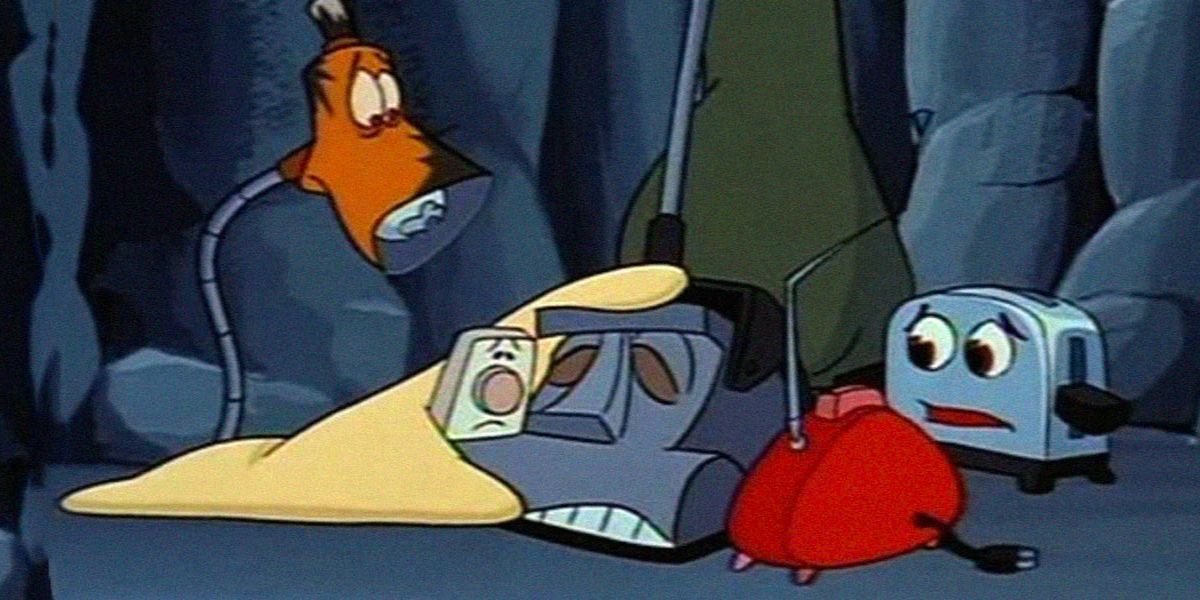 Lampy, Blanky, Radio, and Toaster comfort Kirby in The Brave Little Toaster