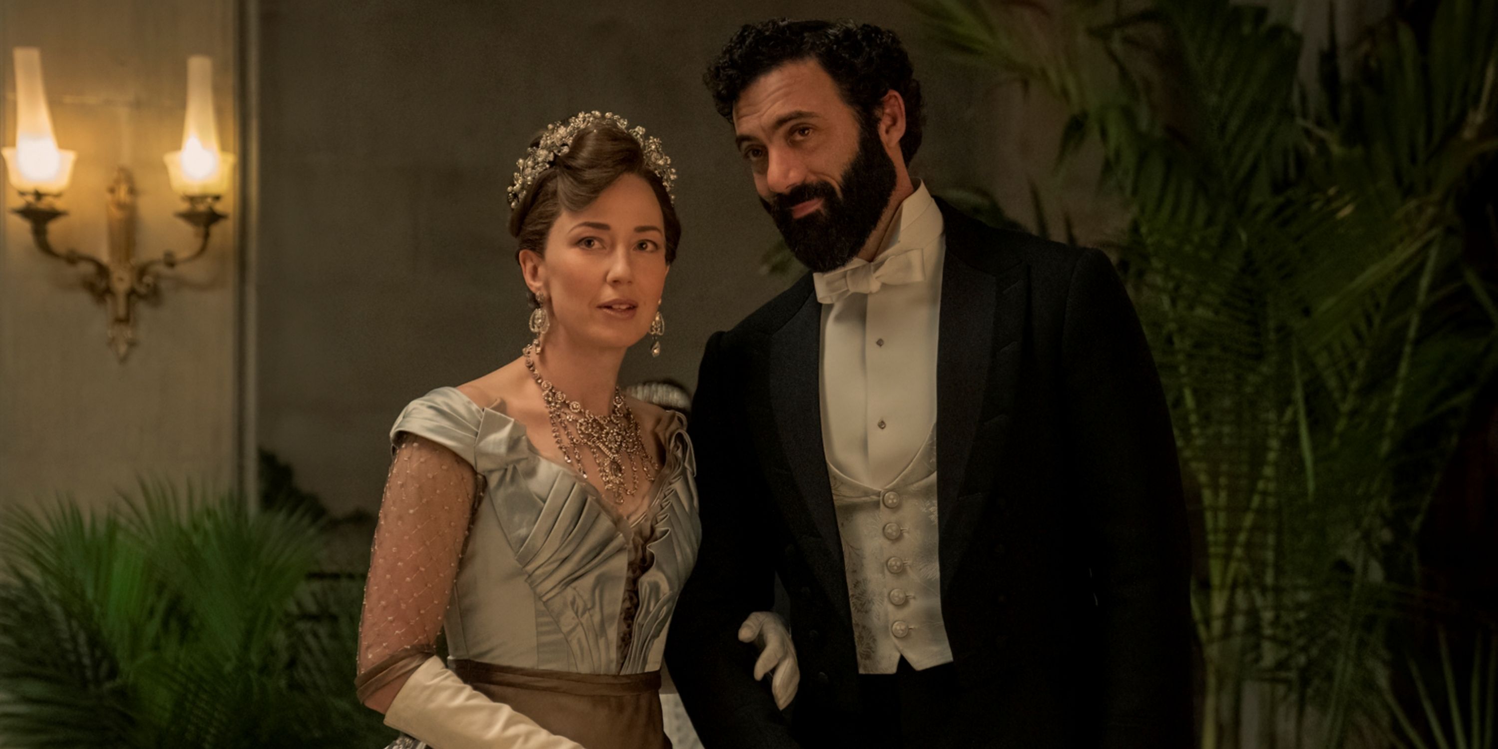 Carrie Coon as Bertha Russell and Morgan Spector as George Russell in Season 2 of The Gilded Age. 