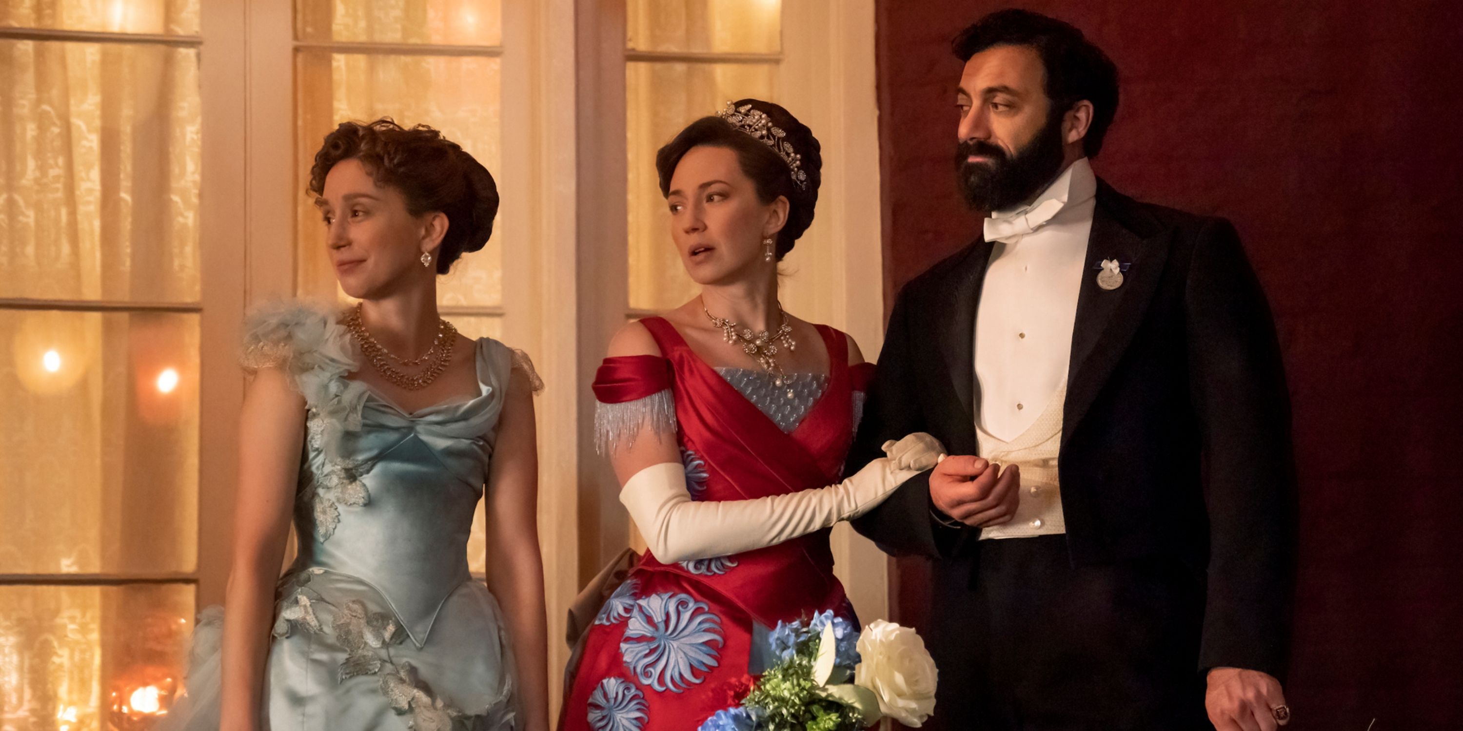 Carrie Coon as Bertha Russell, Morgan Spector as George Russell and Taissa Farmiga as Gladys Russell in the second season of The Gilded Age