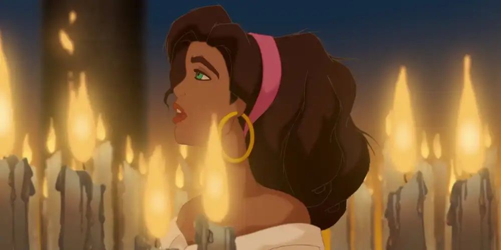 Esmeralda walks through Notre Dame singing God Help the Outcasts