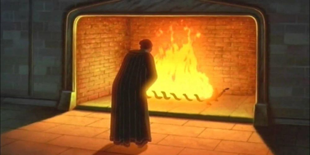 Frollo stands before his fireplace and sings Hellfire