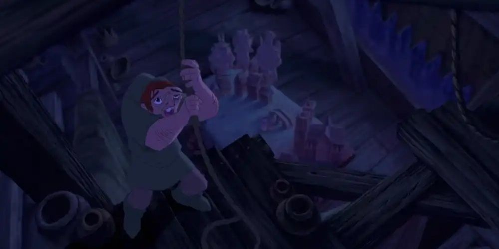 Quasimodo rings the bells for the evening while singing Heaven's Light and being observed by Victor, Hugo, and Lavern