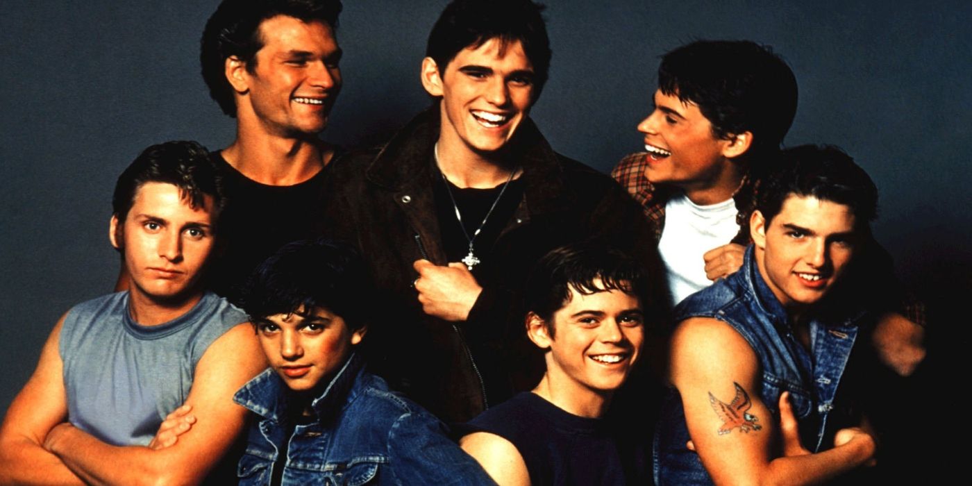 The cast of The Outsiders in a promotional shot, including Patrick Swayze, Emilio Estevez, Matt Dillon, Tom Cruise and Rob Lowe.