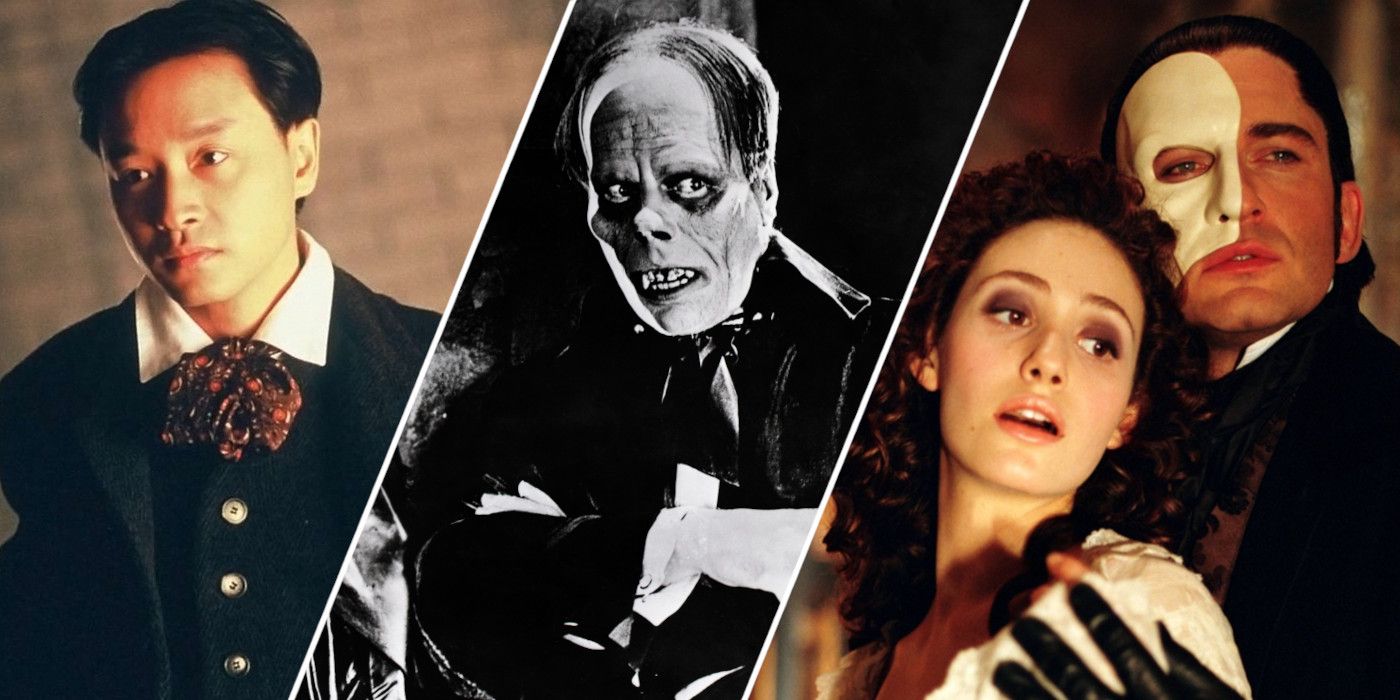 Split image showing characters from The Phantom Lover, The Phantom of the Opera 1925, and The Phantom of the Opera 2004