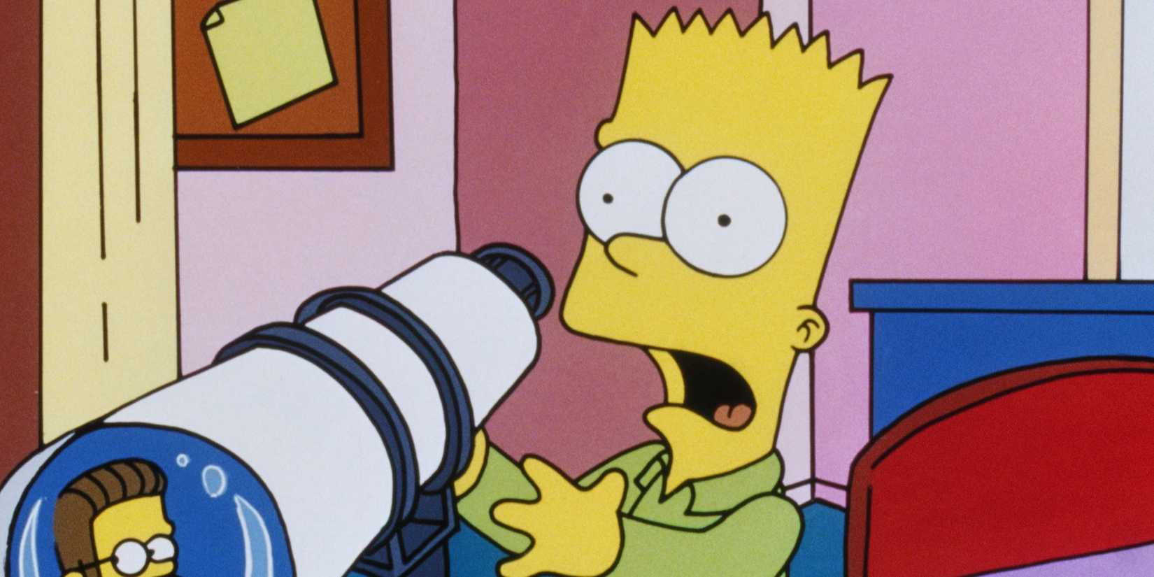 Bart looks shocked as he stands next to a telescope in The Simpsons episode Bart of Darkness.