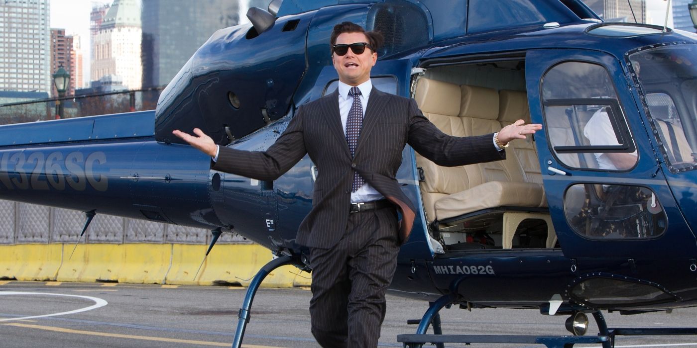Leonardo DiCaprio as Jordan Belfort leaving a helicopter in The Wolf of Wall Street