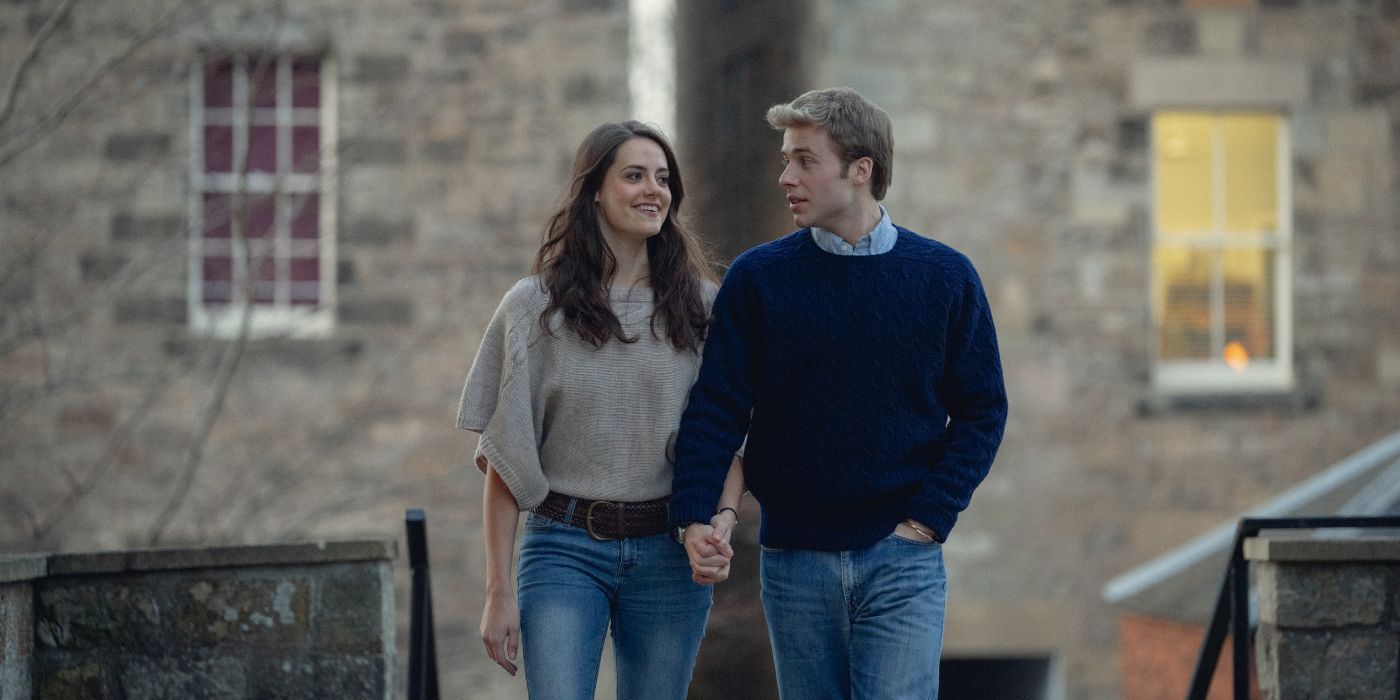 Meg Bellamy as Kate Middleton and Ed McVey as Prince William in The Crown Season 6