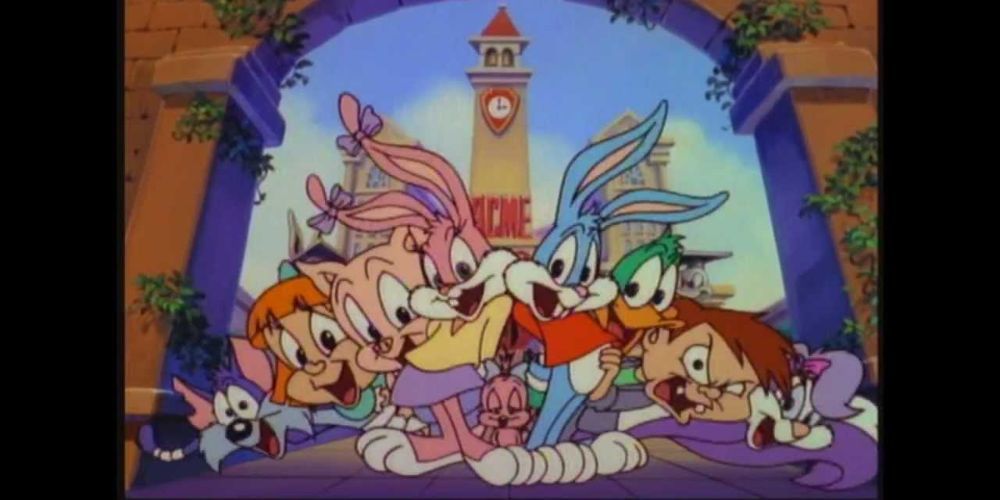 The main cast of Tiny Toon Adventure standing in front of ACME Looniversity.