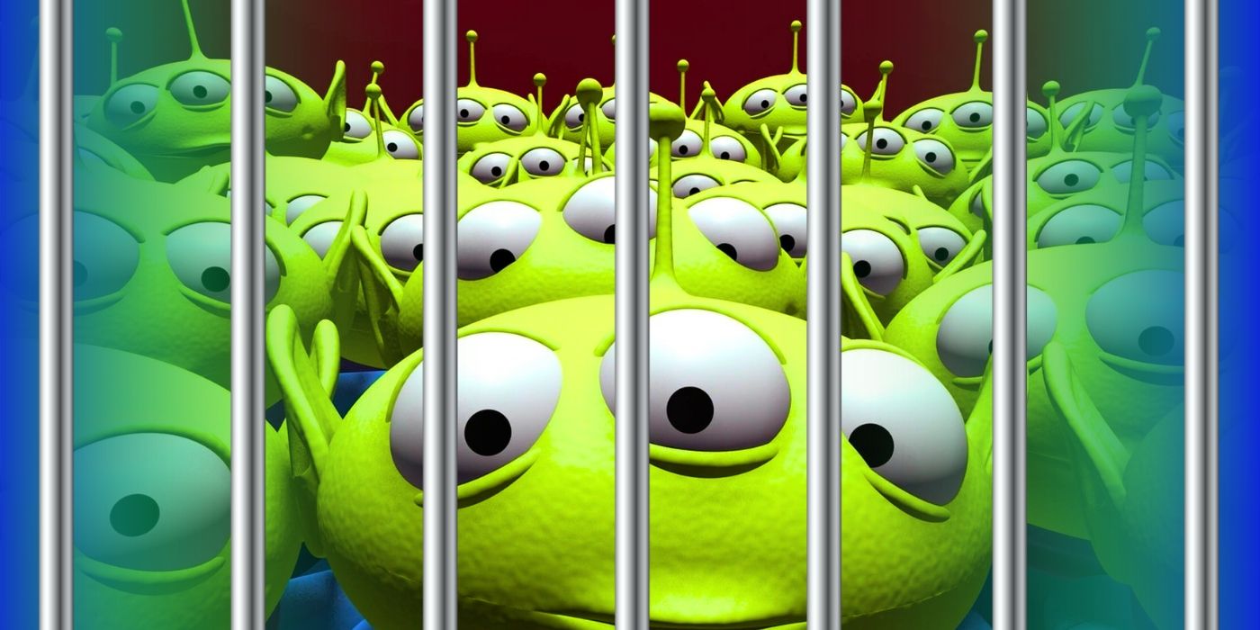 The aliens from Toy Story behind prison bars.