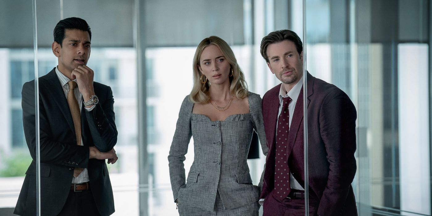 Emily Blunt, Chris Evans, and Amit Shah as Liza, Pete, and Paley in Pain Hustlers