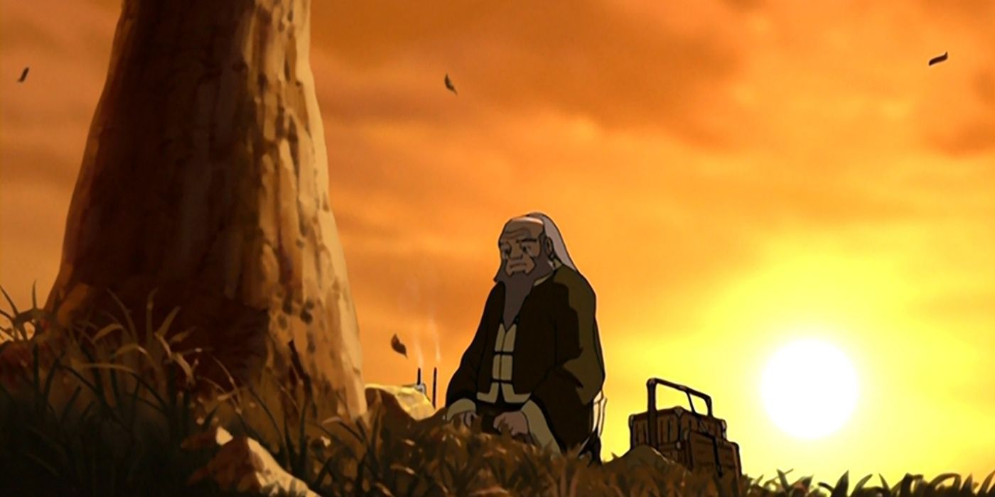 Uncle Iroh looking solemn and lighting two candles under a tree in Avatar: The Last Airbender