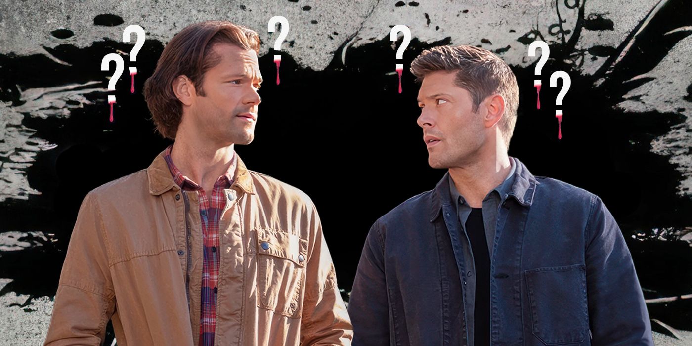 Sam and Dean looking confused with bloody question marks around them