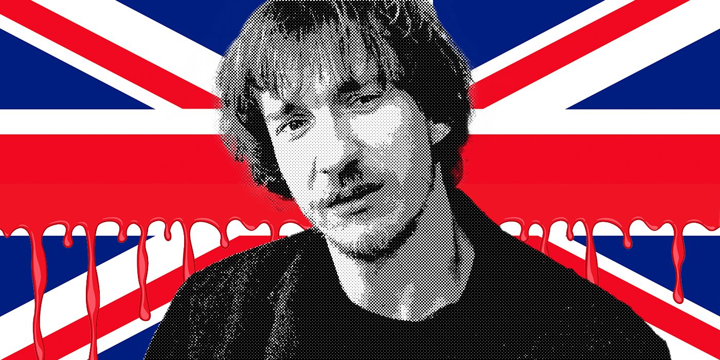 David Thewlis from Naked stands before a distorted British flag.