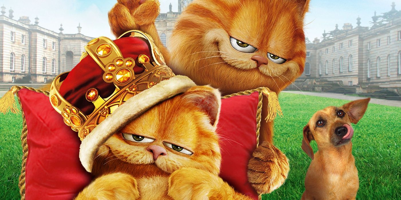 Garfield (Bill Murray), Prince XII (Tim Curry), and Odie on a promotional image for Garfield: A Tale of Two Kitties