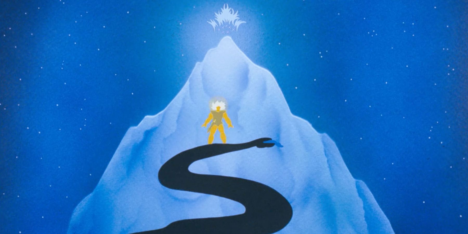 A yellow warrior atop a glowing blue mountain in the animated film Son of the White Mare.