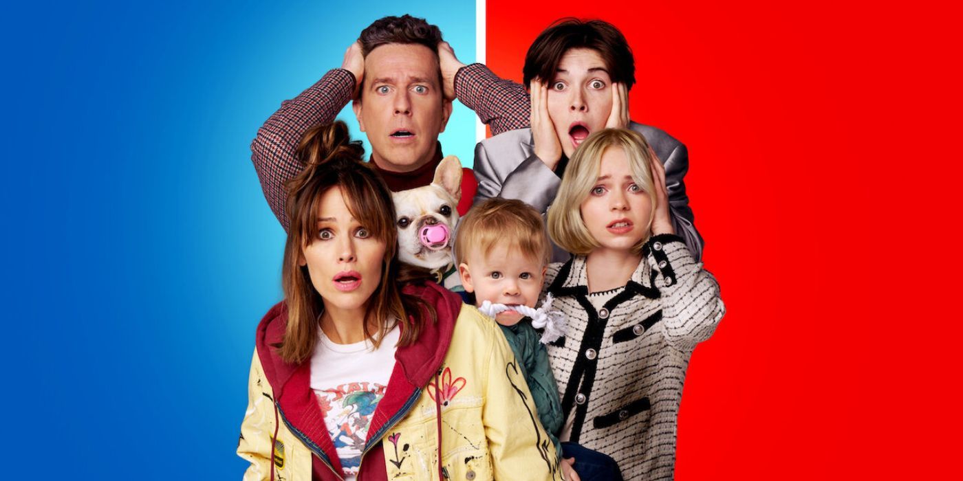 Jennifer Garner, Ed Helms, Emma Myers, and Brady Noon on the poster for Family Switch