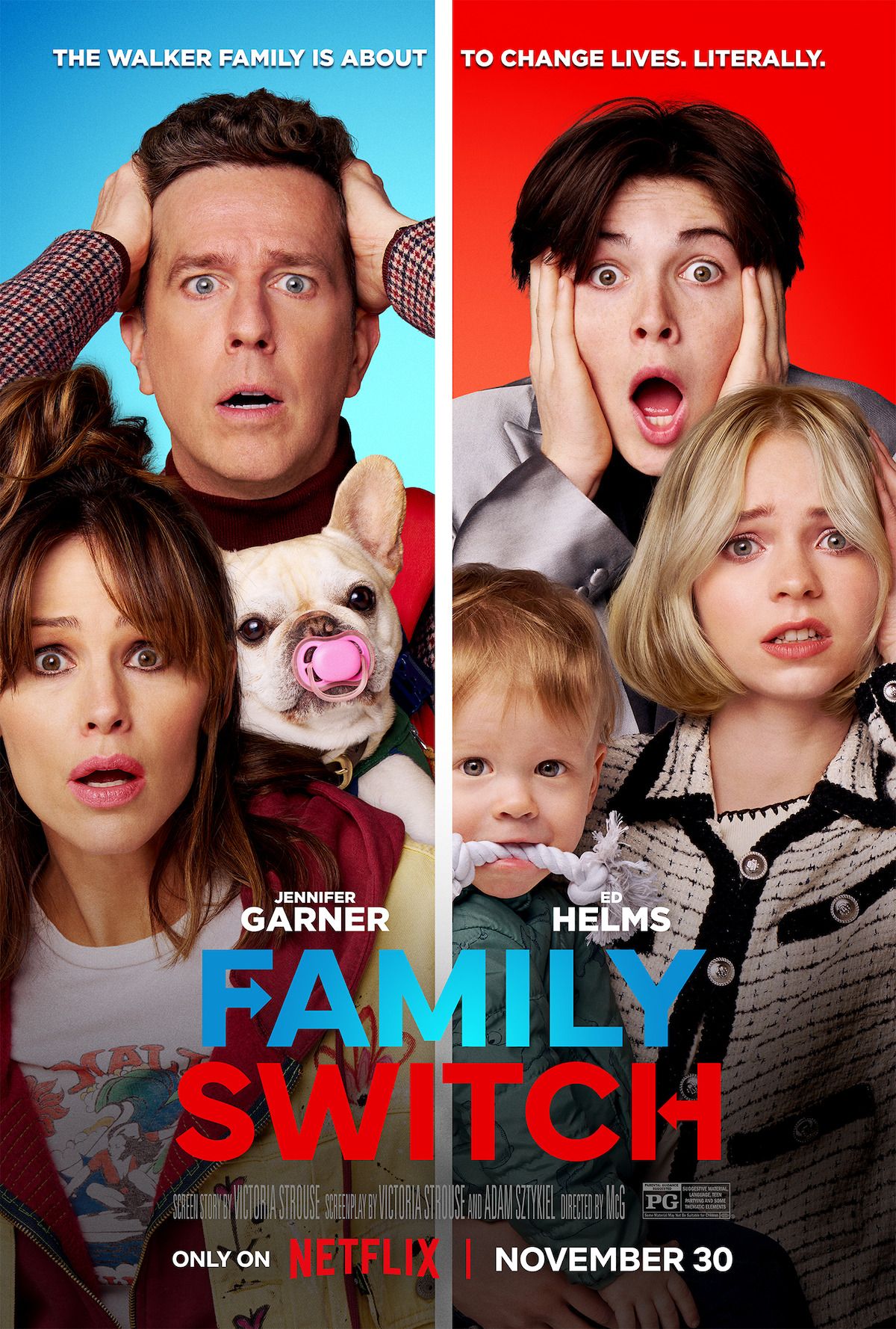 The poster for Family Switch with Ed Helms, Jennifer Garner, Emma Myers, and Brady Noon