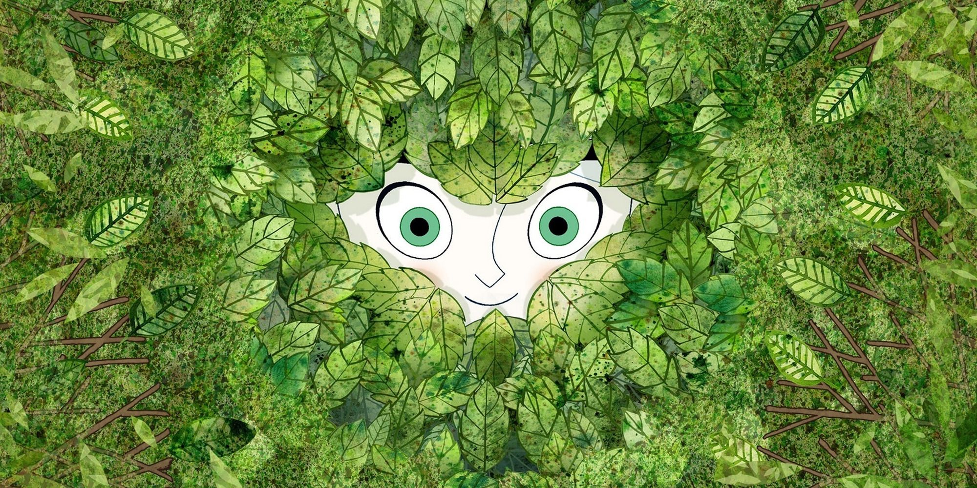 a girl with green eyes peeping through a hole in a bush (animated)