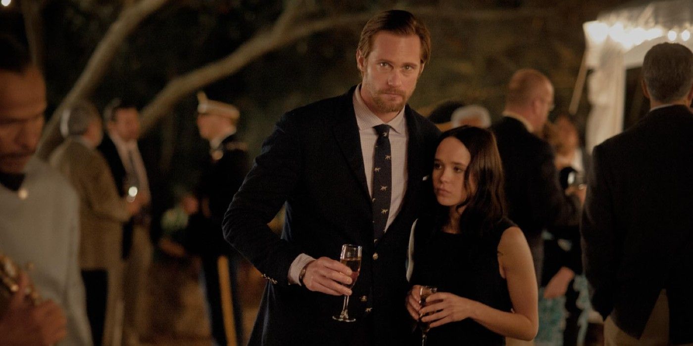 Alexander Skarsgard & Elliot Page as Benji and Izzy looking uncomfortable at a party The East