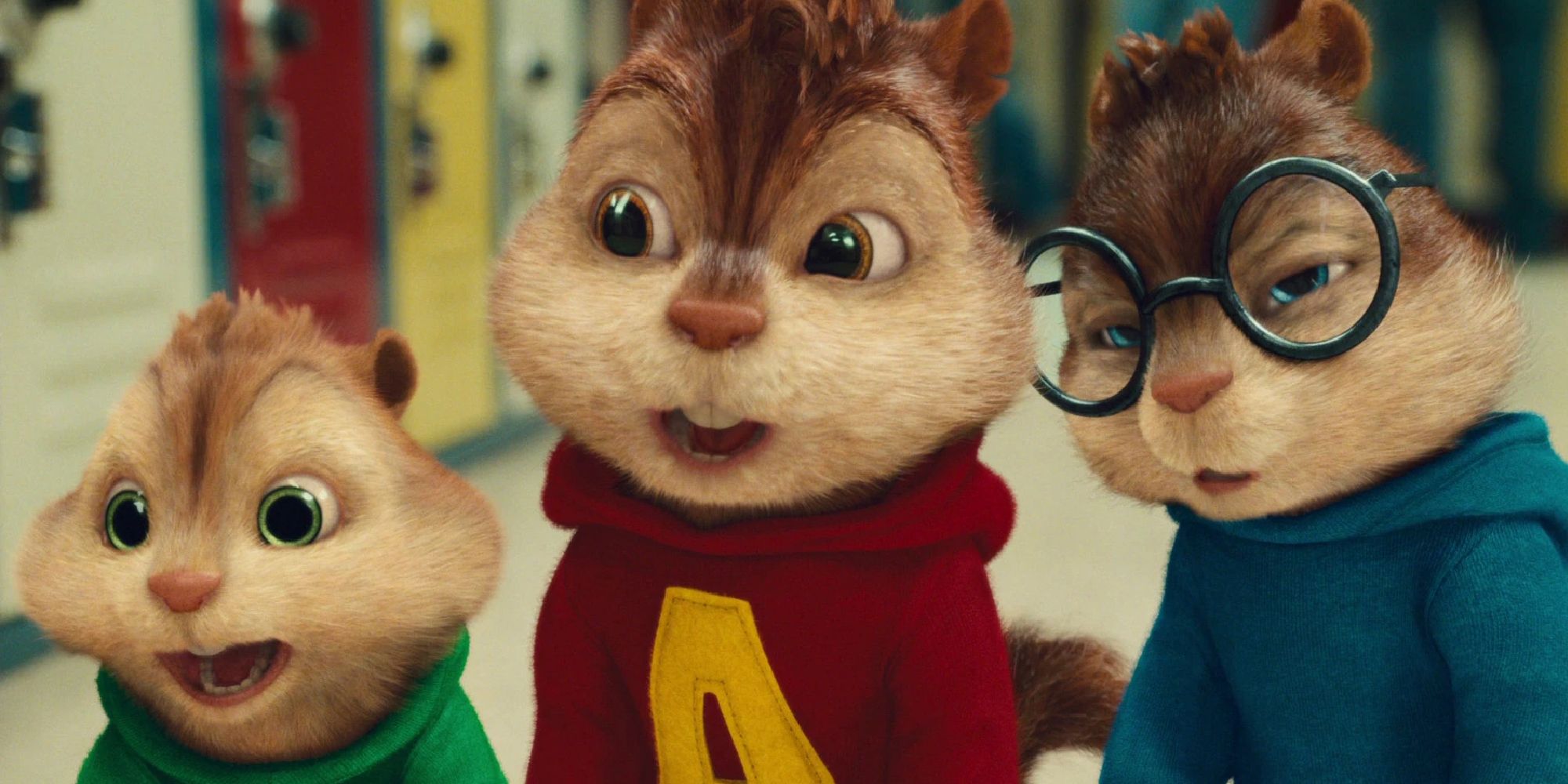 A close-up shot of the three chipmunks in Alvin and the Chipmunks: The Squeakquel.