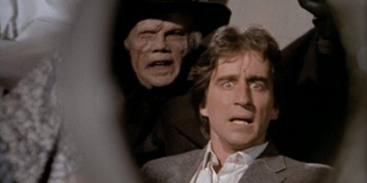 Actor Sam Waterston is terrorized by a monster in Amazing Stories episode Mirror Mirror