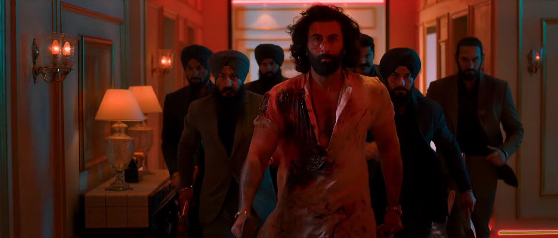 Ranbir Kapoor leading a group of armed men in Animal (2023)