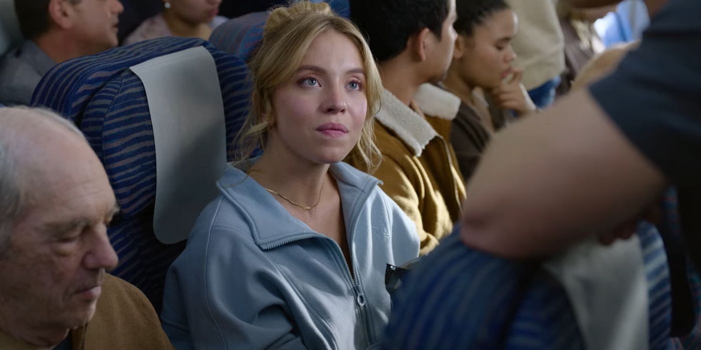 Sydney Sweeney as Bea seated on an airplane in Anyone But You