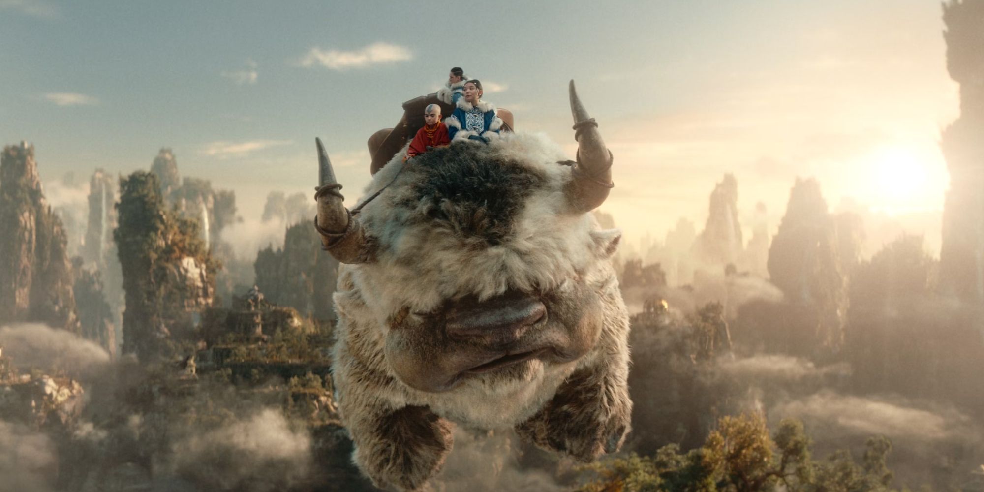 Aang, Sokka, and Katara riding Appa in the Avatar the Last Airbender trailer