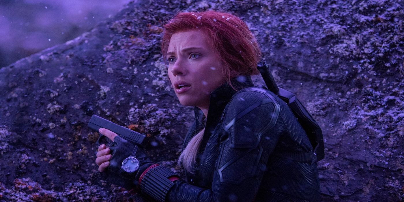 Black Widow laying on the ground looking distressed in Avengers: Endgame