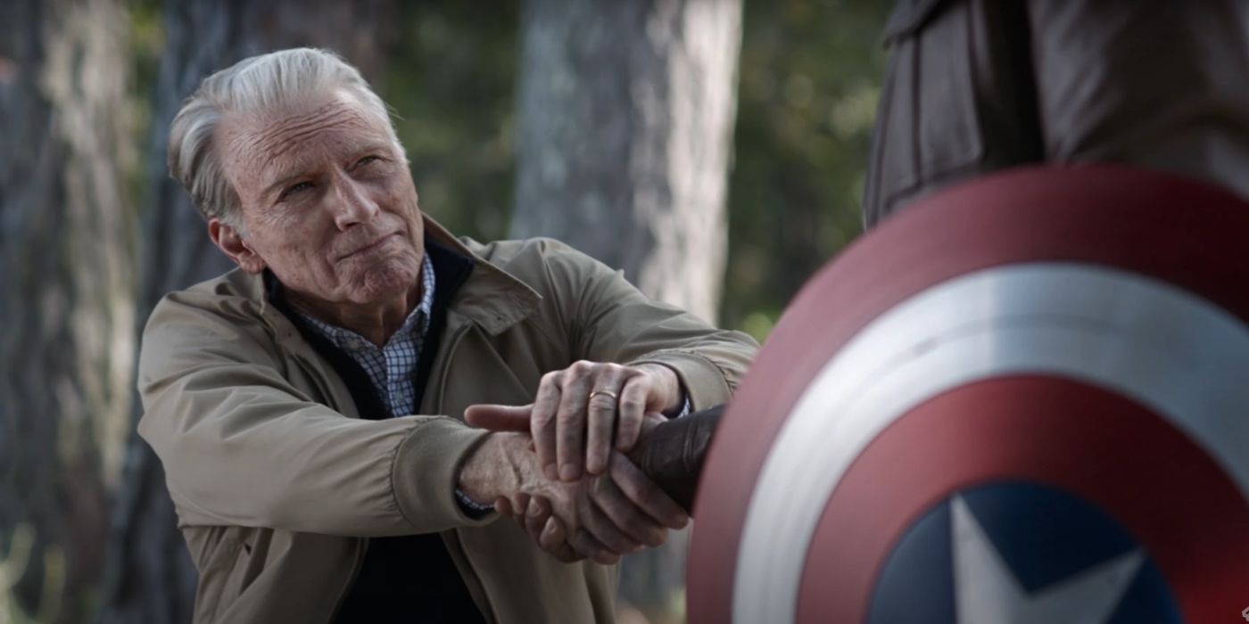 Christopher Evans as the aged Captain America shaking hands in Avengers: Endgame.