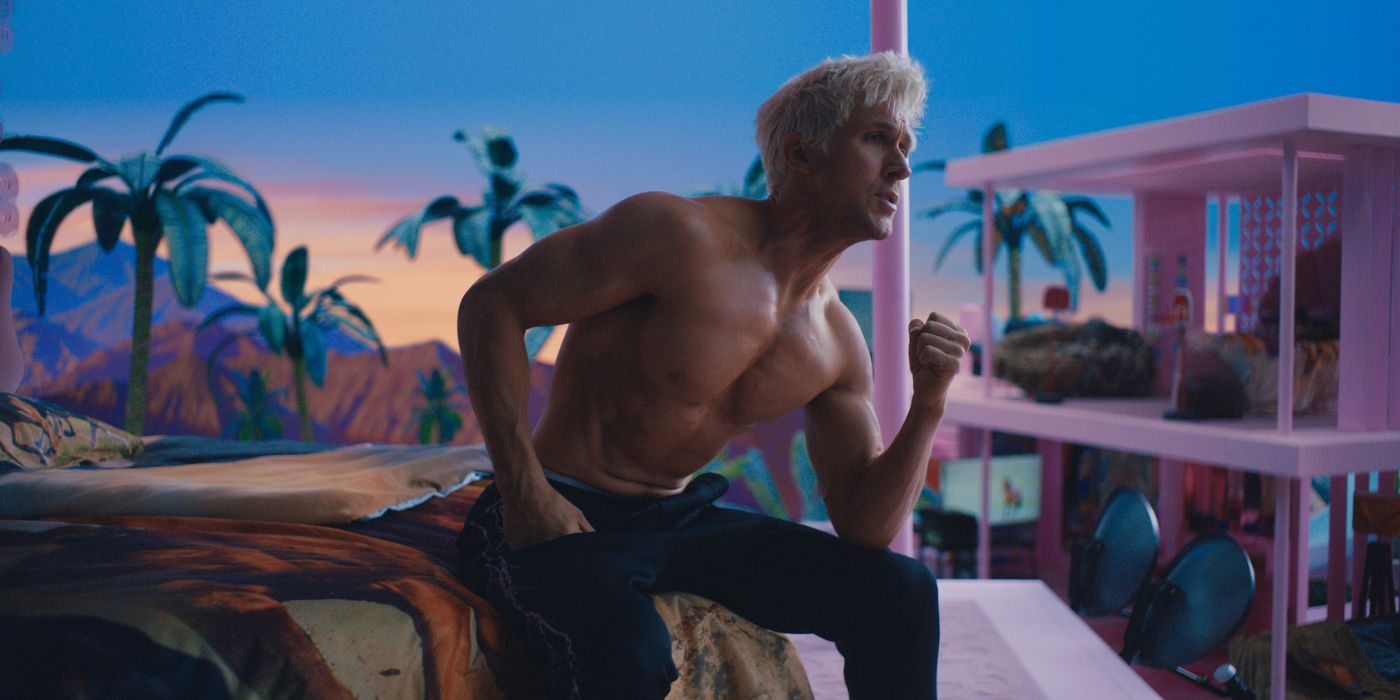 Ryan Gosling, shirtless, as Ken, in Barbie (2023)