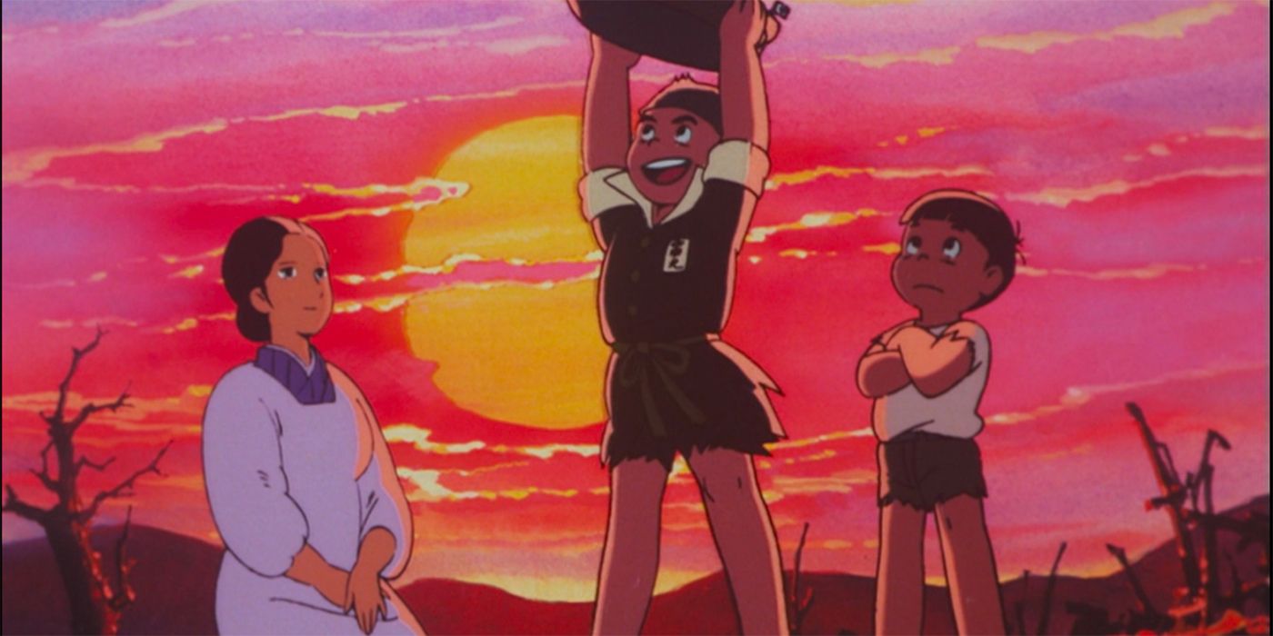 A young boy lifting an object while another boy and a woman watch with smiles in Barefoot Gen