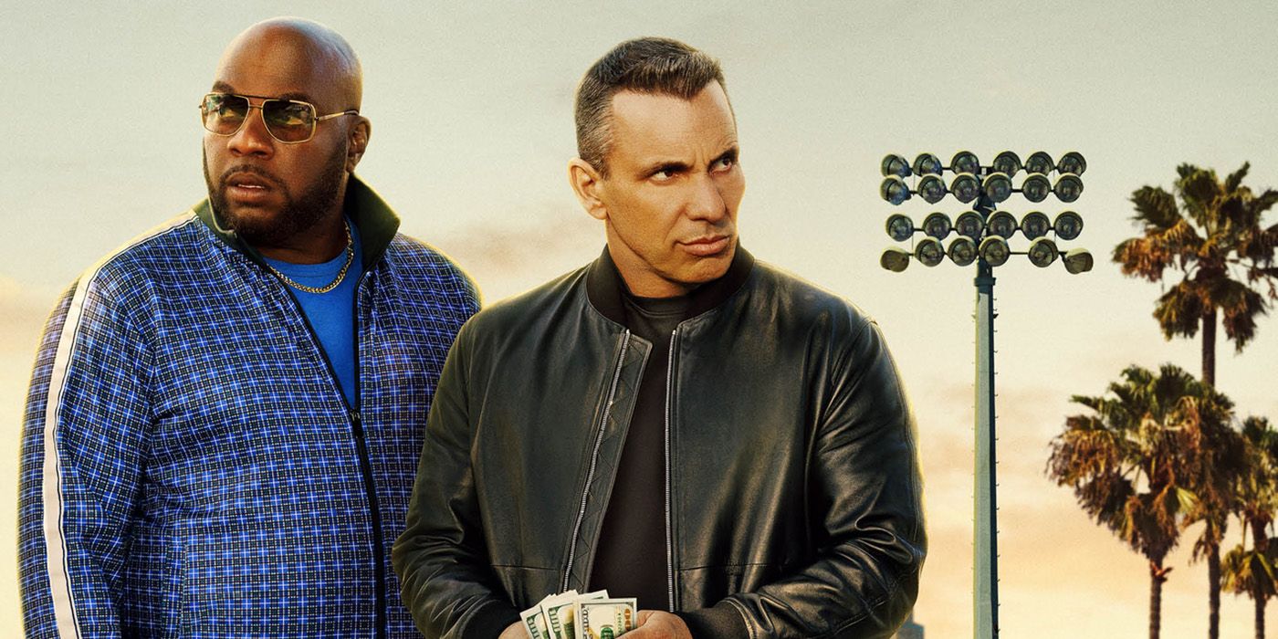 Omar Dorsey as Ray and Sebastian Maniscalco as Danny on a cropped poster for Bookie in front of palm trees in LA