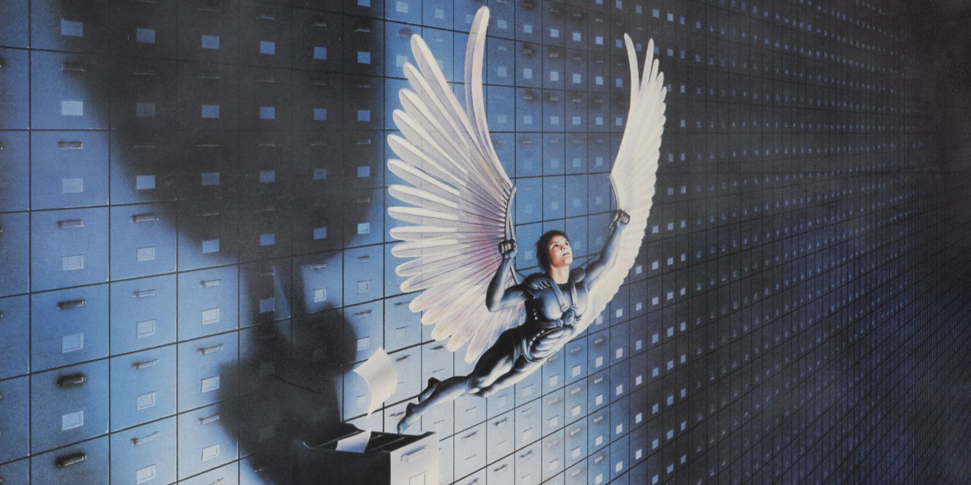 a woman with angelic wings flying away from a wall full of drawers in the poster of 'Brazil' (1985)