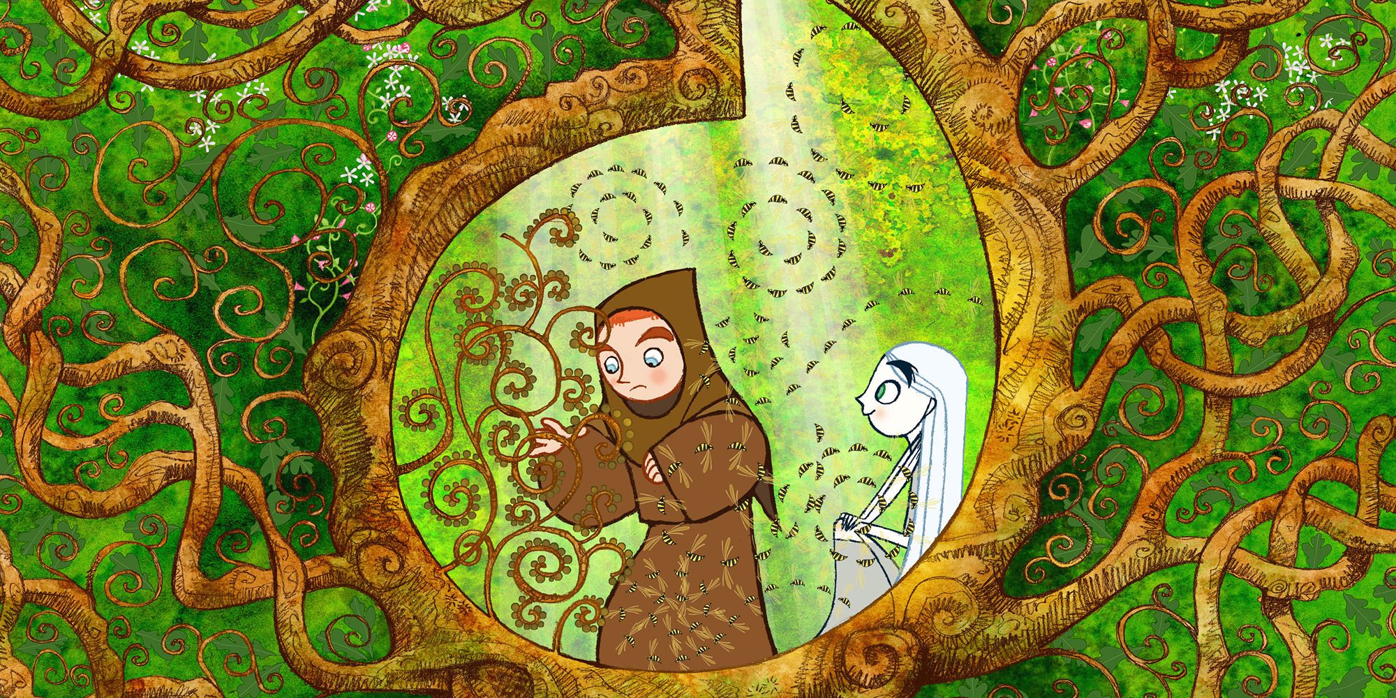 a boy with a cloak and a girl with white hair inside a tree in a forest in The Secret of Kells