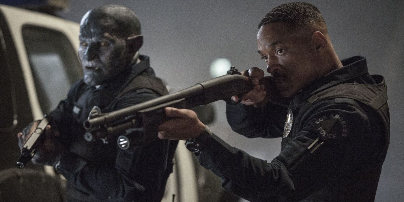 Nick and Daryl aiming guns at something off-camera in Netflix's Bright