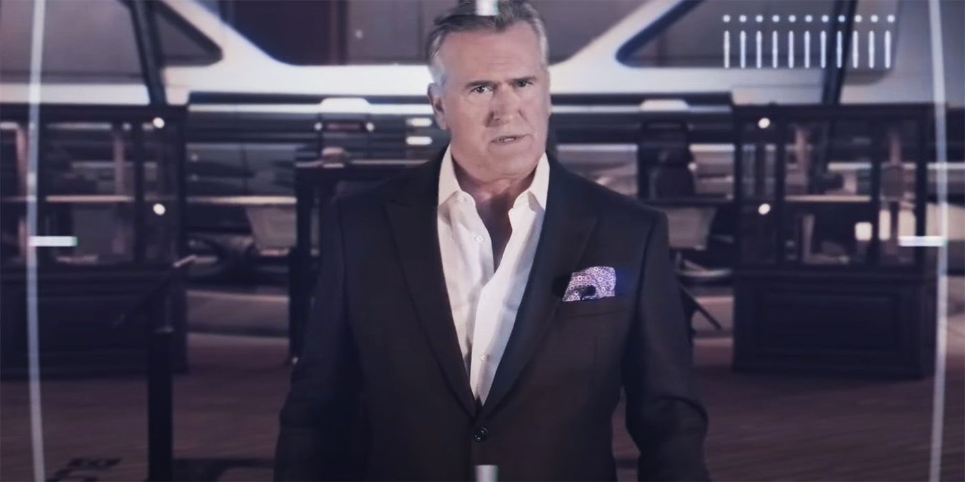 Bruce Campbell wearing a suit on what appears to be old VHS footage for the tv series Discontinued
