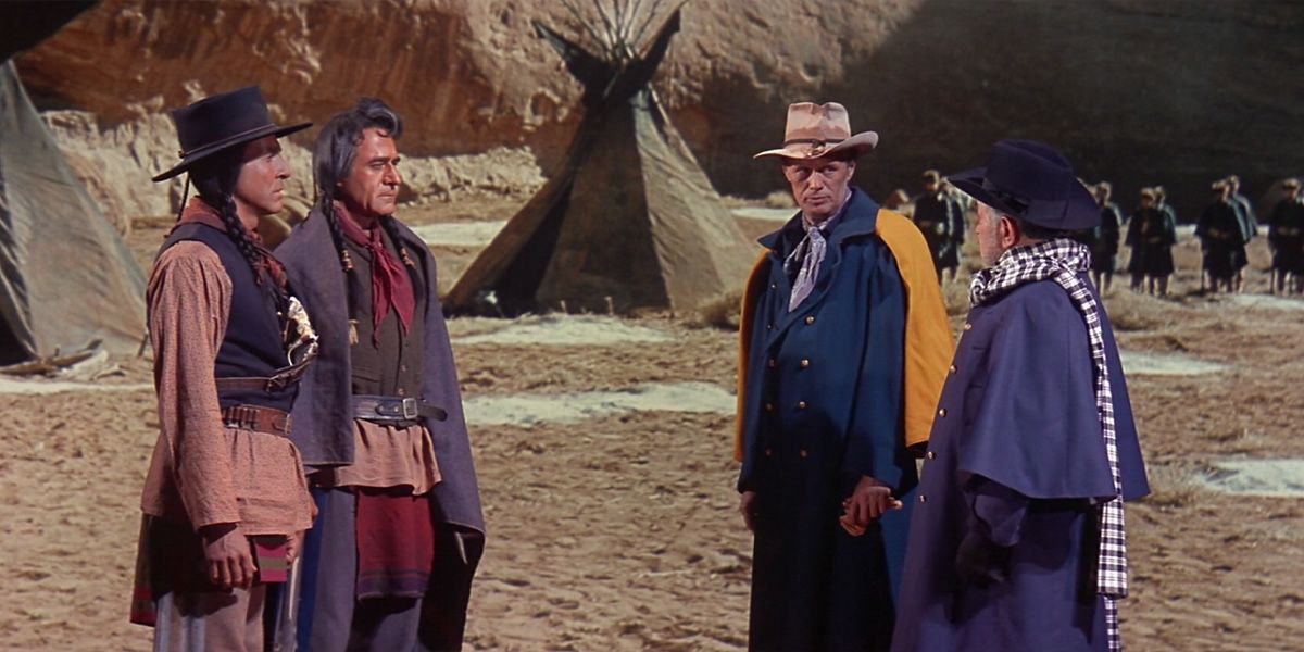Dull Knife (Gilbert Roland) and Little Wolf (Ricardo Montalban) meet with Captain Archer (Richard Widmark) and Secretary Carl Schurz (Edward G. Robinson) in 'Cheyenne Autumn'