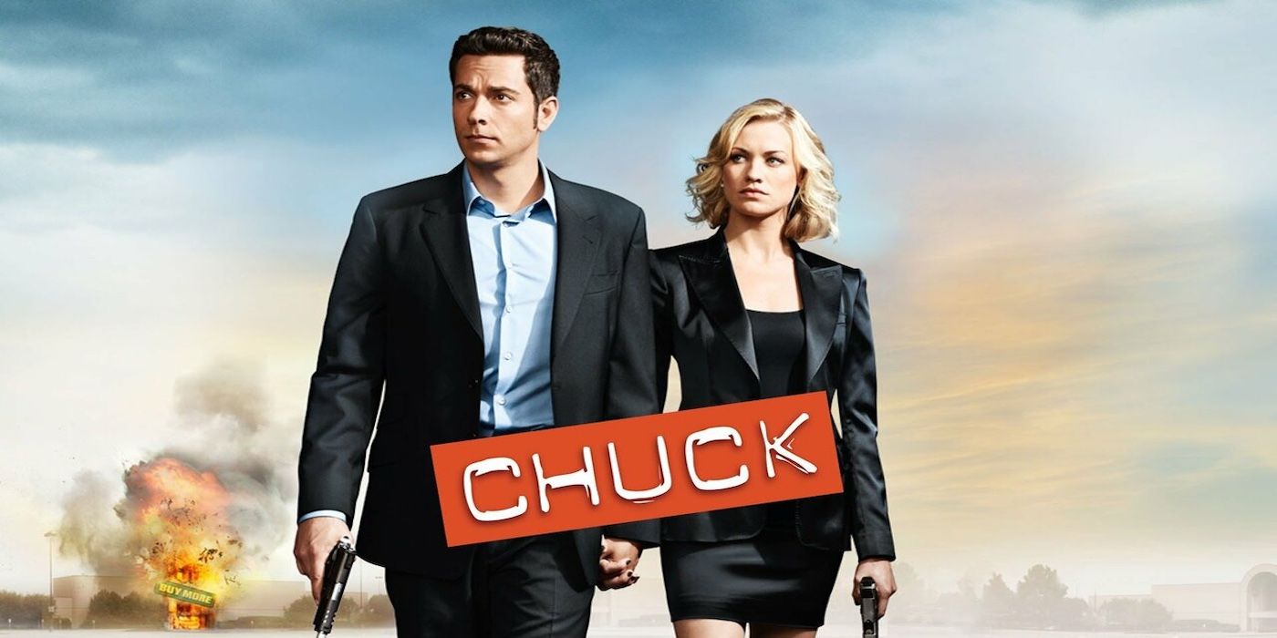 Main poster for the T.V. show 'Chuck' featuring Zachary Levi and Yvonne Strahovski. 
