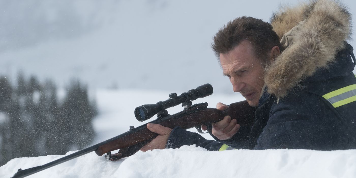 Liam Neeson holding a rifle in Cold Pursuit