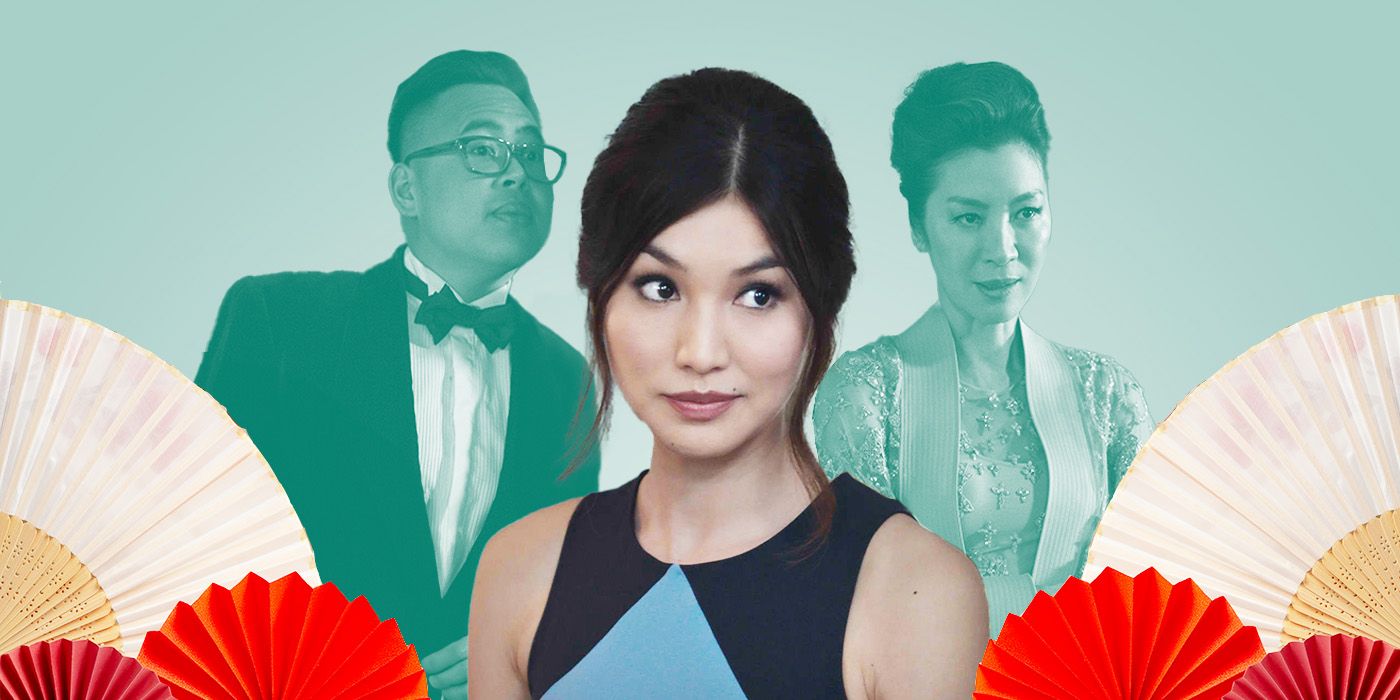 Custom image of Gemma Chan from Crazy Rich Asians against a background with Michelle Yeoh and Nico Santos