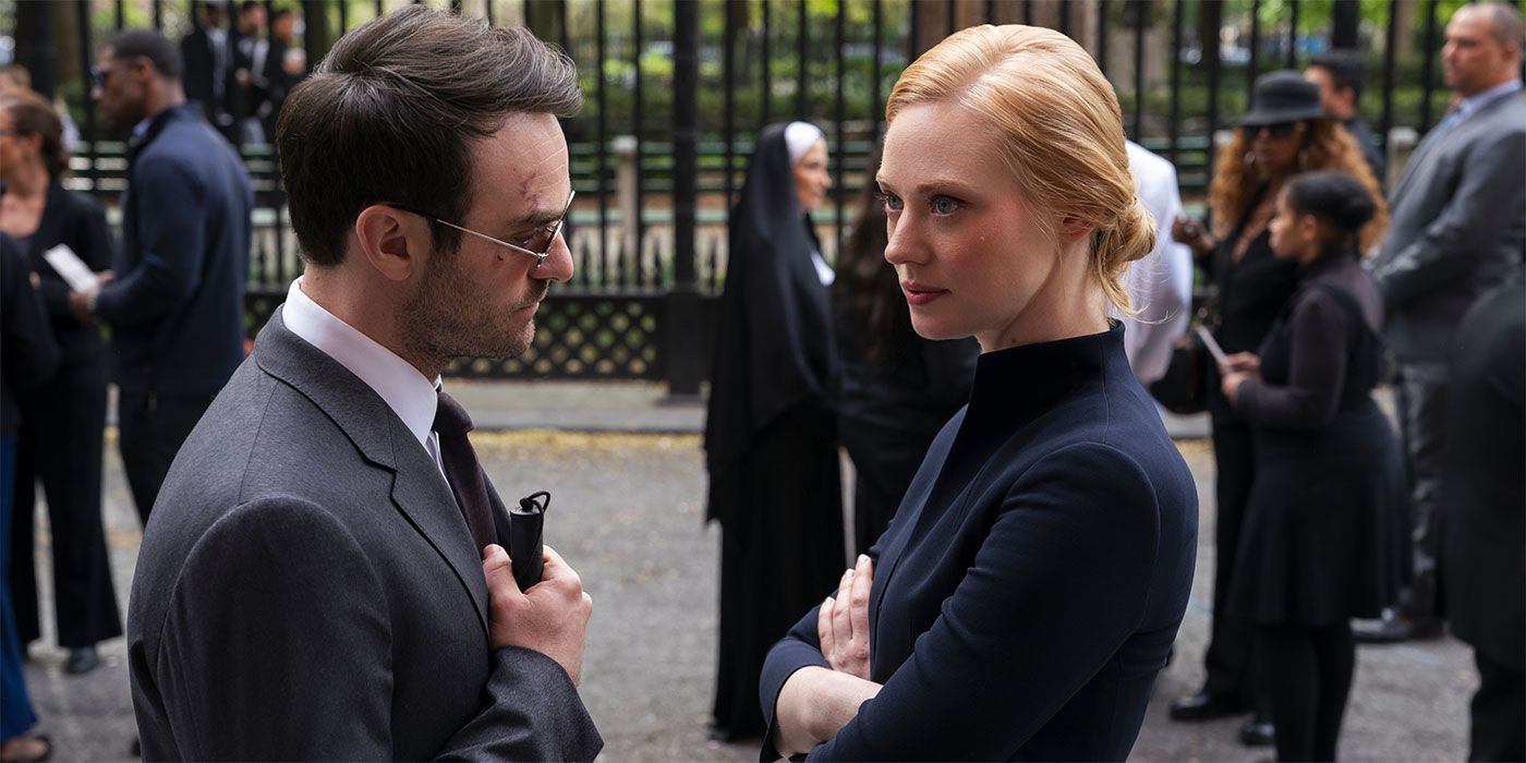 Charlie Cox and Deborah Ann Woll gathering for a funeral in Daredevil