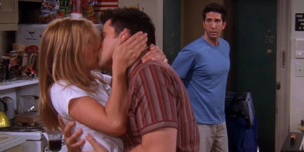 Ross, played by David Schwimmer, sees Rachel, played by Jennifer Aniston, and Joey, played by Matt LeBlanc, kiss in Friends