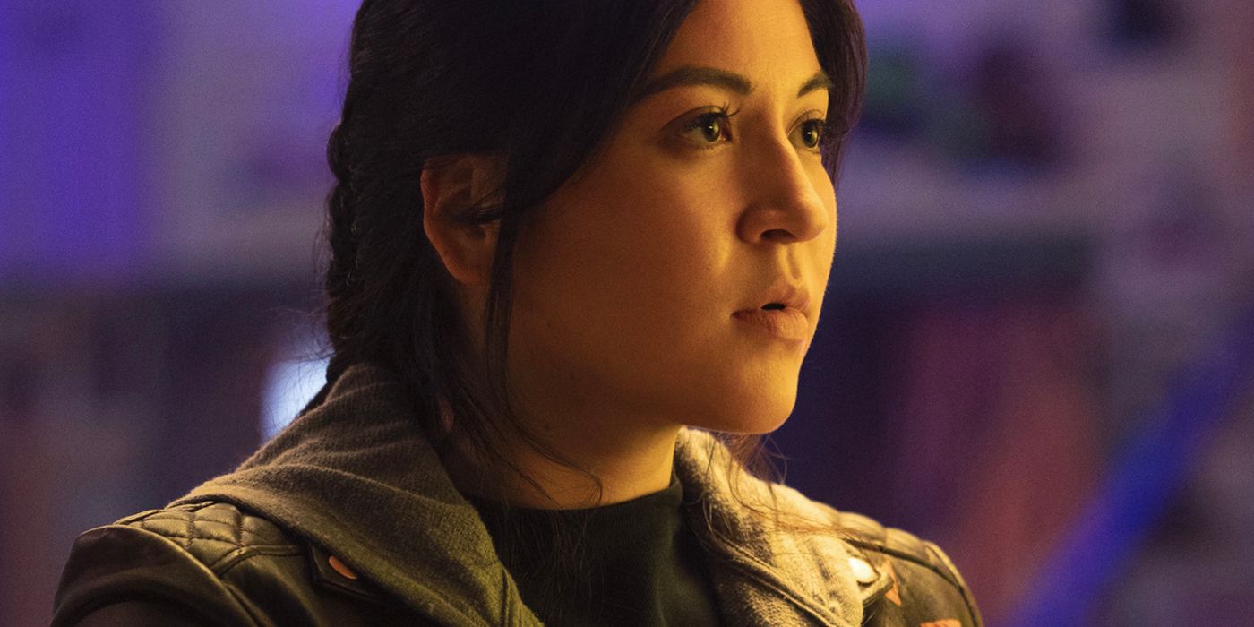 Alaqua Cox as Maya Lopez looking at a person offscreen in the TV series 'Echo'