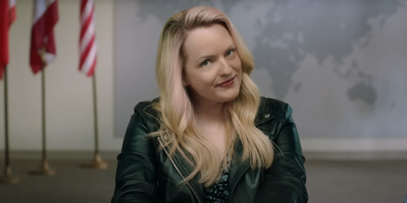 Elisabeth Moss, smirking, as Gail in Next Goal Wins