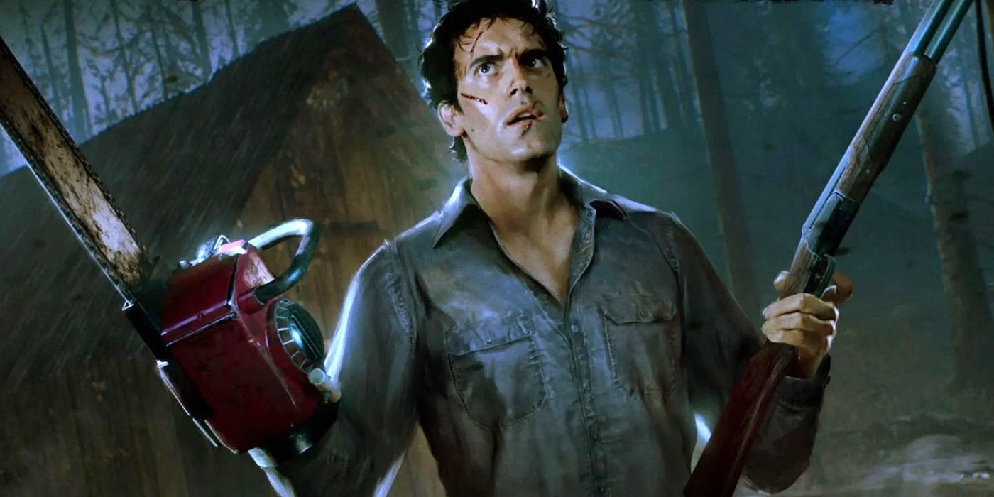 Ash Williams with a shotgun and chainsaw hand from 'Evil Dead 2'